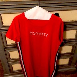 Tommy red cotton dress. Blue & white strips on side